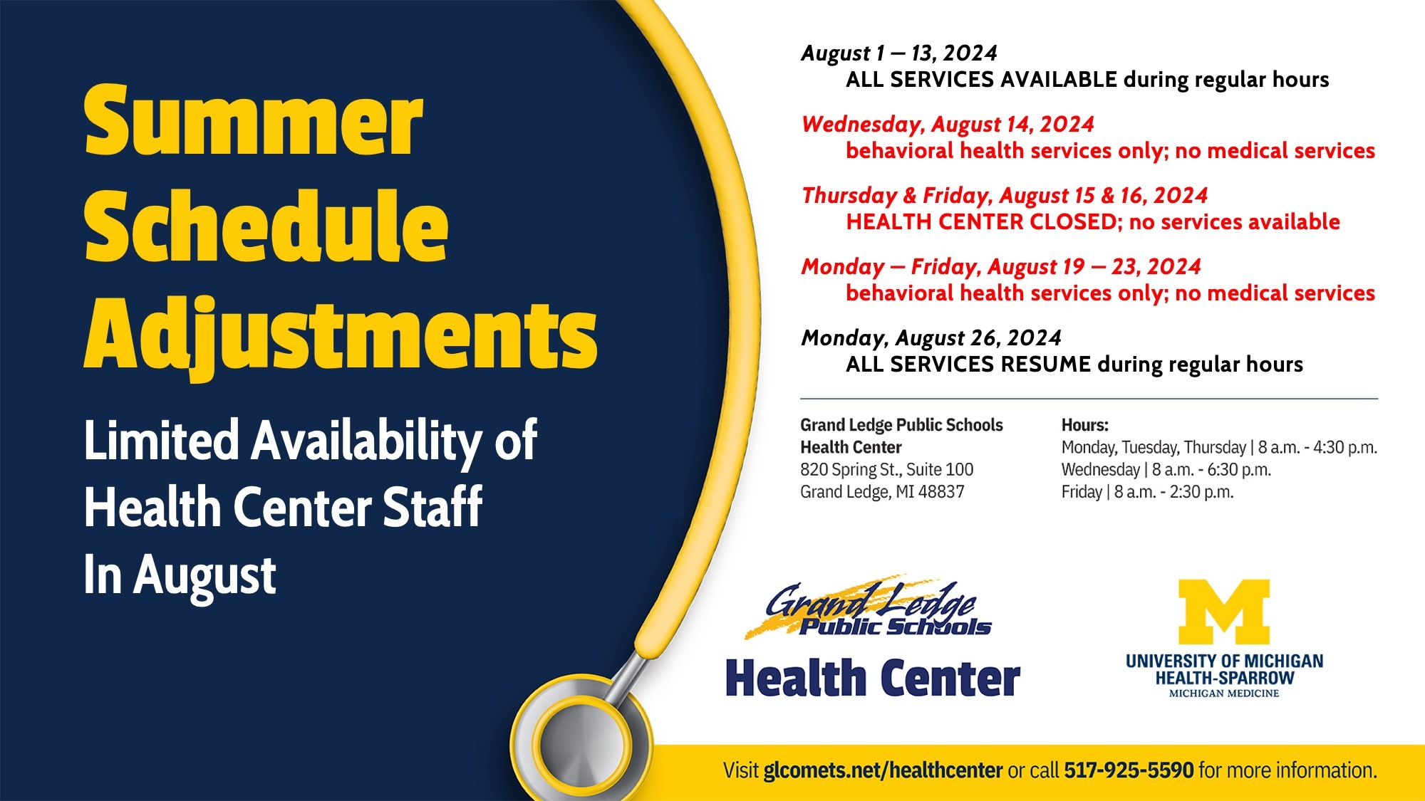 Health Center Summer Schedule Adjustments
