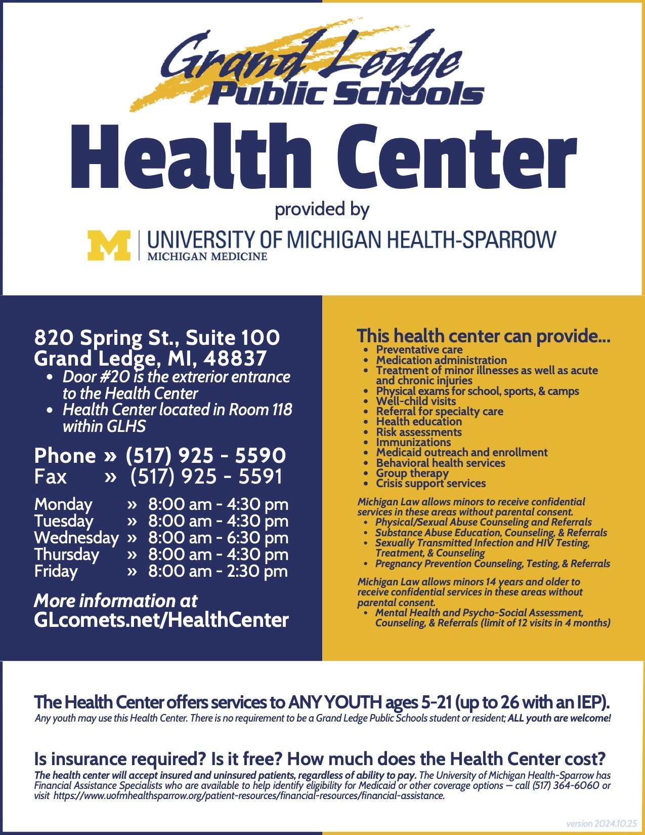 Health Center flyer, October 15, 2024